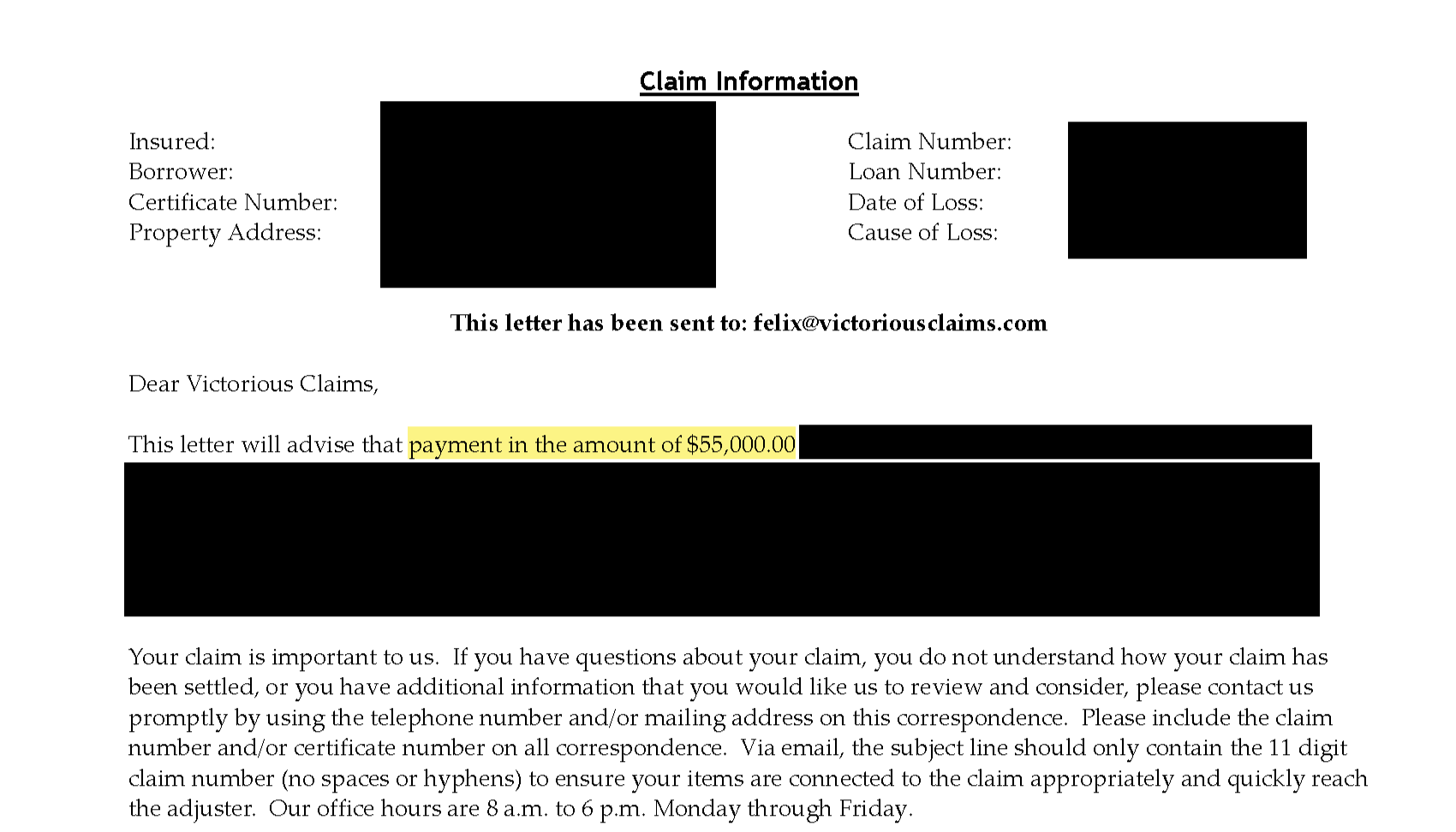 Insurance settlement letter showing $55,000 payout — result of public adjuster negotiation by Victorious Claims in Florida